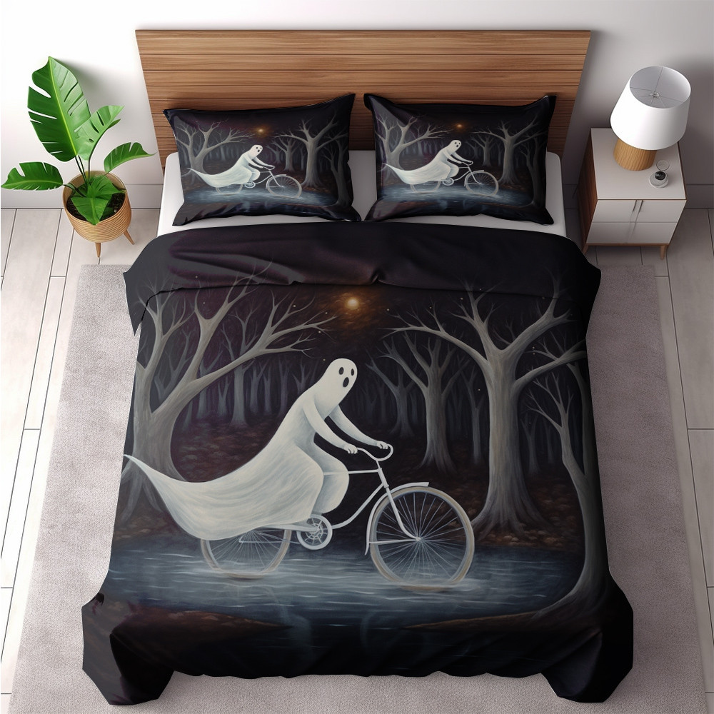 Whimsical Ghost Riding Bicycle Halloween Design Printed Bedding Set Bedroom Decor