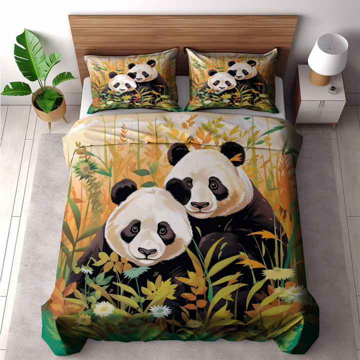Two Cute Pandas Sitting On A Meadow Printed Bedding Set Bedroom Decor