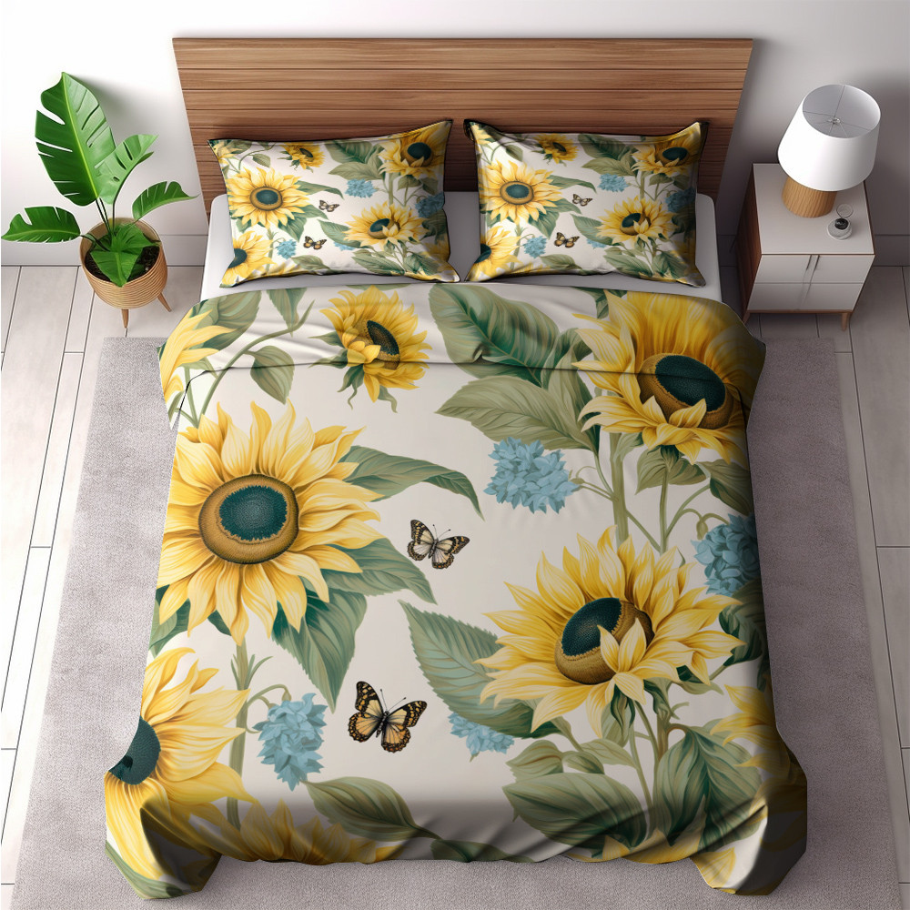 Lively Sunflower And Bee Animal Floral Design Printed Bedding Set Bedroom Decor