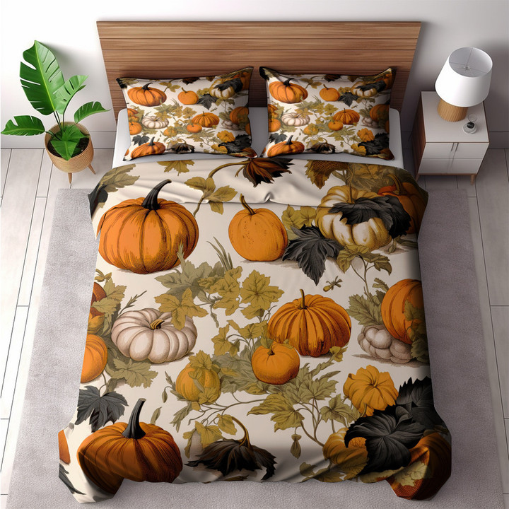 White And Orange Pumpkins Autumn Halloween Design Printed Bedding Set Bedroom Decor