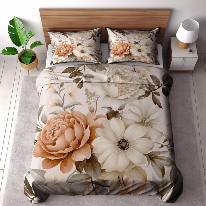 Vintage Floral Neutral Colors Printed Bedding Set Bedroom Decor