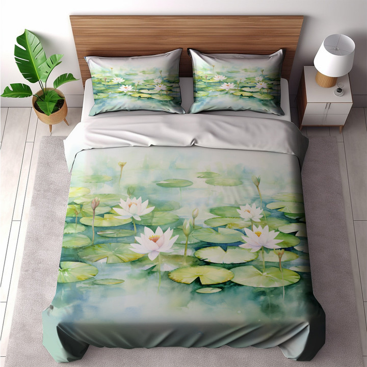 Serene Lily Pond Floral Design Printed Bedding Set Bedroom Decor