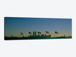 View Of Manhattan Through A Row Of American Flags At Flag Plaza, Liberty State Park, New Jersey