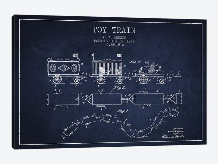 A.W. Benson Toy Train Patent Sketch (Navy Blue)