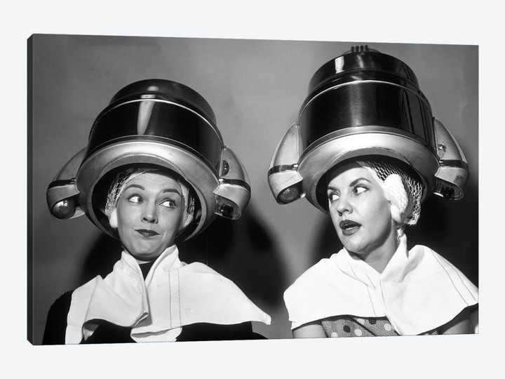 1950s Two Women Sitting Together Gossiping Under Hairdresser Hair Dryer