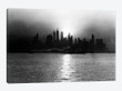 1930s-1940s Early Morning Misty Sunrise Silhouette Skyline New York City With Tug Boat And Barge In Hudson River