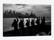 1940s Anonymous Silhouetted Sailors Waving Salute To Passing USN Battleship At Night New York City Skyline