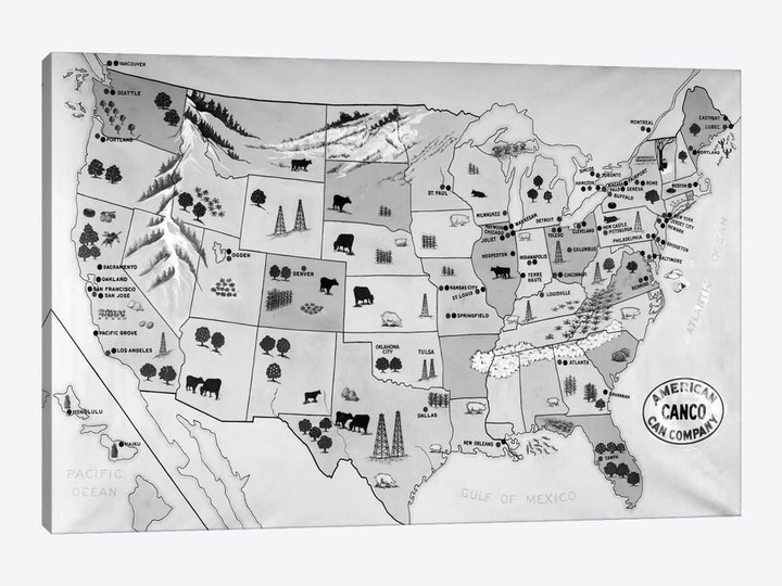 1930s-1940s Map Of United States Showing Agricultural And Industrial Resources