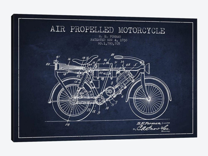 R.E. Forman Air-Propelled Motorcycle Patent Sketch (Navy Blue)