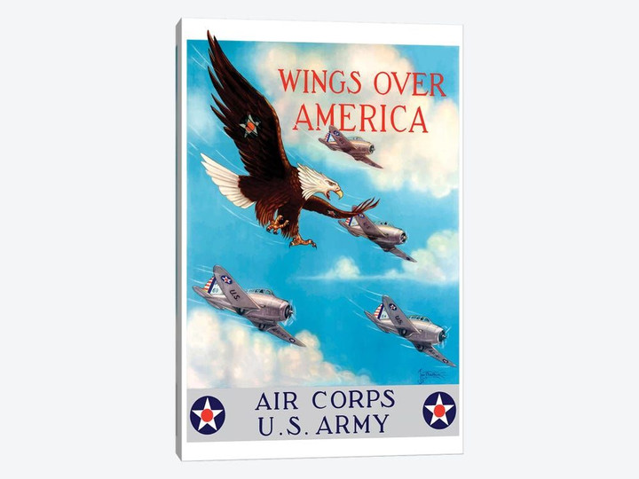 WWII Poster Of A Bald Eagle Flying In The Sky With Fighter Planes