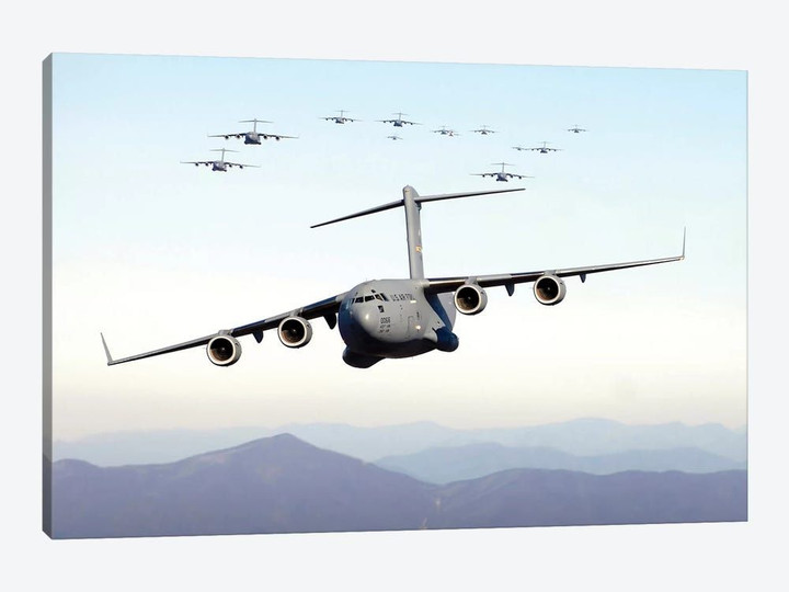 A Formation Of 17 C-17 Globemaster IIIs Fly Over The Blue Ridge Mountains