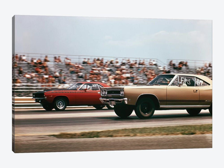 1970s 2 Cars Drag Racing Grandstand Race Speed Competition Automotive Brownsville Indiana Raceway