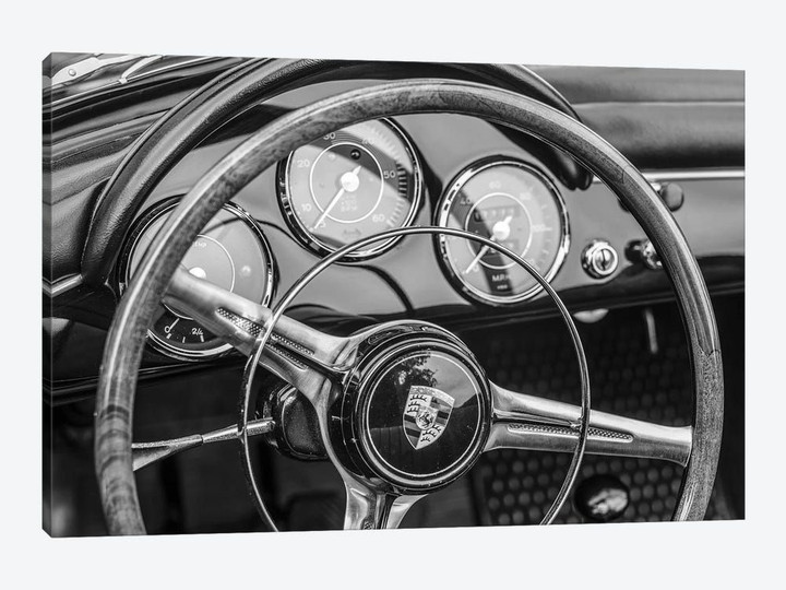 USA, Massachusetts, Essex. Antique cars, detail of 1963 Porsche 356 steering wheel