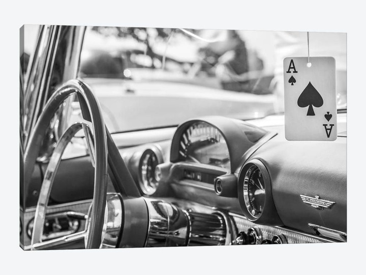 USA, Massachusetts, Cape Ann, Gloucester. Antique car interior and ace of spades card.