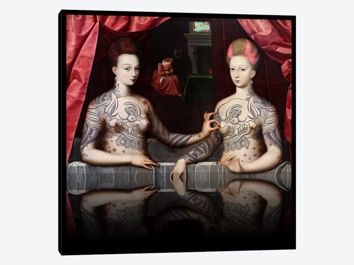 Portrait présumé de Gabrielle d'Estrées et de sa soeur la duchesse de Villars -Two Sisters with Fu Dog Tattoo Pink and Blue