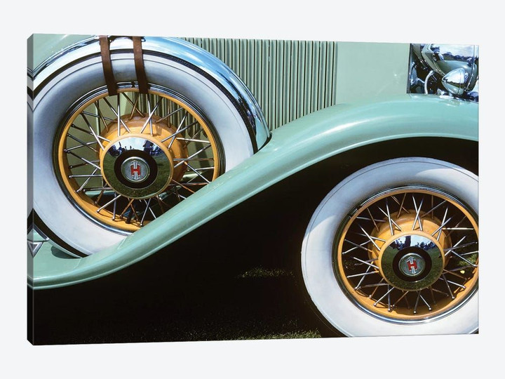 1920s-30s Front Wheel And Spare Tire On Aqua Green Antique Classic Car With White Walls And Orange Wire Rims Outdoor