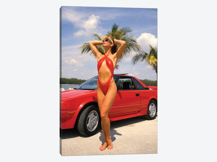 1980s Woman In Red Swimsuit In Front Of Red Car Miami Florida USA