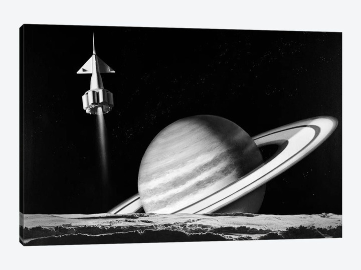 1960s Space Rocket Flying Past Saturn With Surface Of Another Planet In Foreground