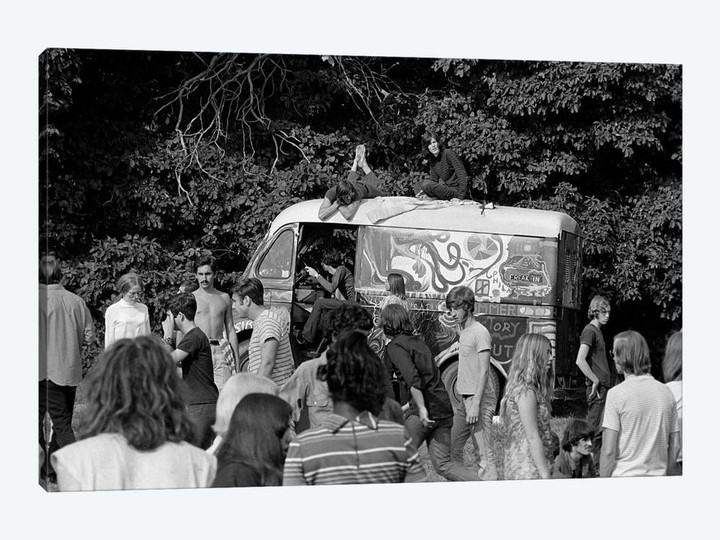 1960s Gathering Of Hippie Kids In Woods With Psychedelic Painted Van In Background