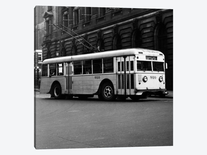 1930s-1940s Public Transportation Trackless Trolley Electric Bus About To Round Street Corner Cleveland Ohio USA