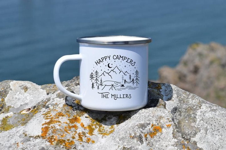 Family Camping Mug Happy Campers Personalised Enamel Mug Happy Camper Mug RV Accessories Tent Camping Family Gift RV Mug Gift