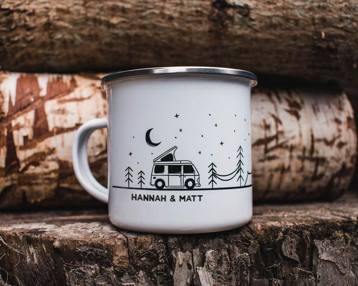 Personalised Camp Mug For Couples Campervan Decor Camping Mug Wedding Date Gift Van Life Enamel Mug Gifts For Campers RV Accessories