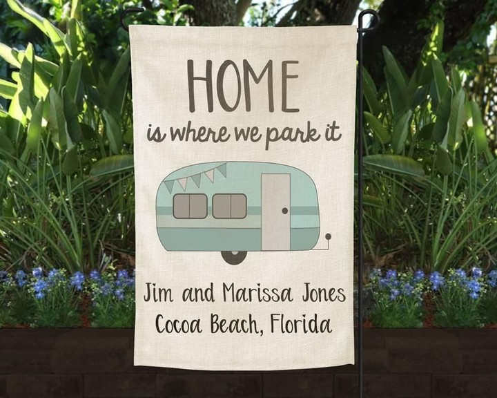 Burlap Camper Flag Personalized, Home is where you park it Flag