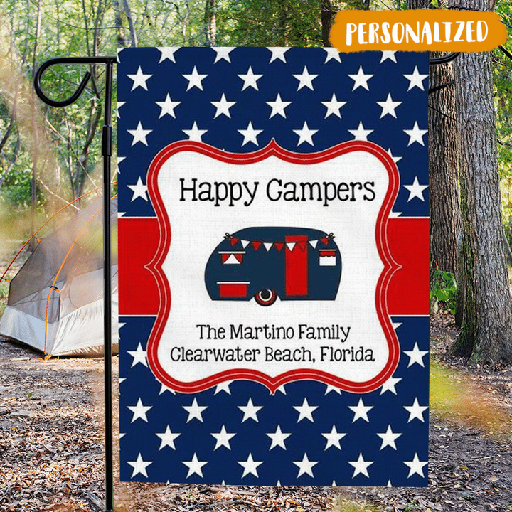 Patriotic Camp Site Flag Personalized, Red White and Blue Happy Camper Flag