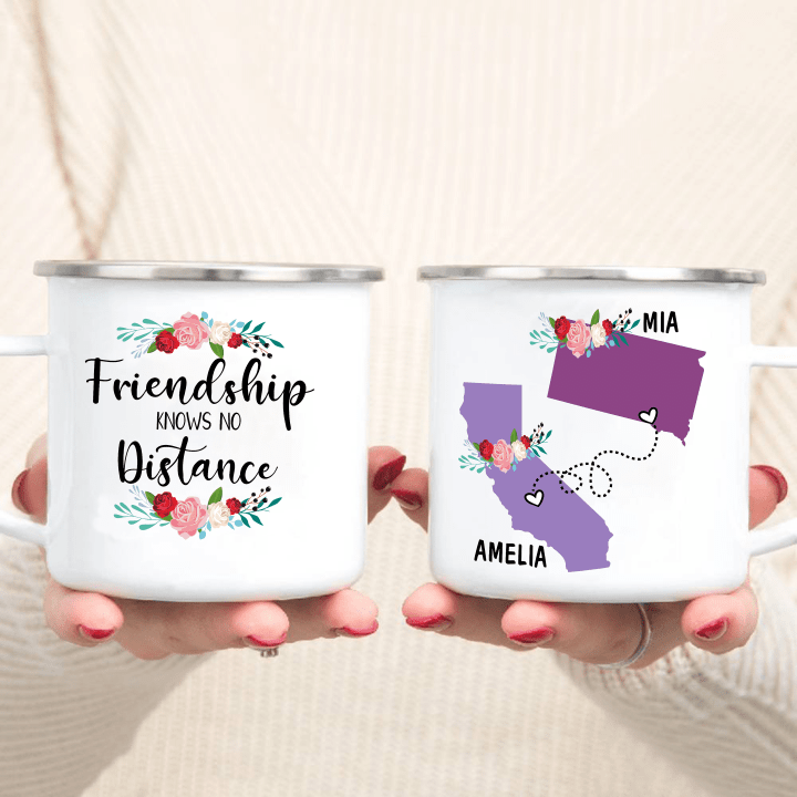 Personalized State to State Best Friend Enamel Mug - Friendship Knows No Distance