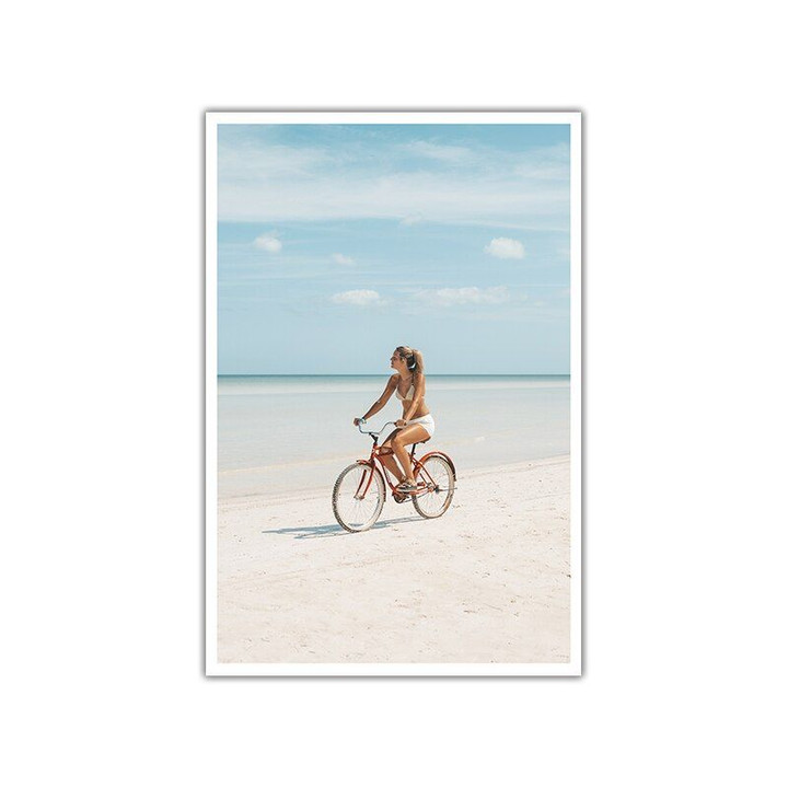 Beautiful Woman on Bicycle Landscape Painting Sunny Beach Ocean Travel Poster Canvas Print Wall Art Picture Modern Home Decor