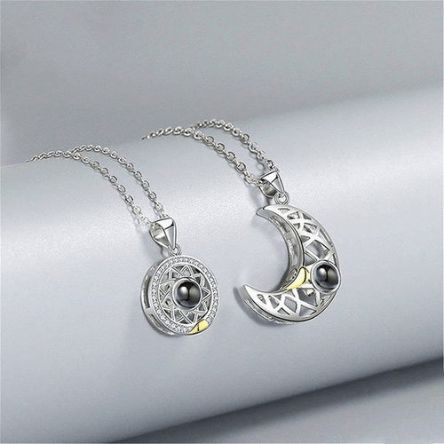 Personalized couple sun and moon photo necklace