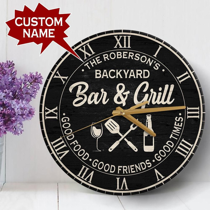 Personalized Name Backyard Bar & Grill Wooden Clock tdh | hqt-28tp001 Wooden Clock Human Custom Store