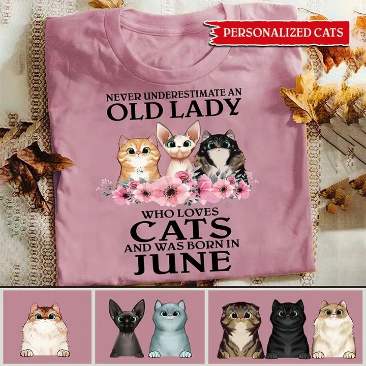 Never Underestimate an old Lady who loves Cats and was born in June Personalized Cats T-shirt nla-16tt005