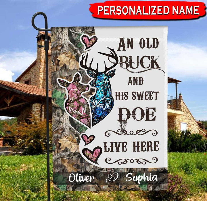 Personalized Couple Deer An Old Buck And His Sweet Doe Lives Here Garden Flag HQD-FXT011 Flag Dreamship