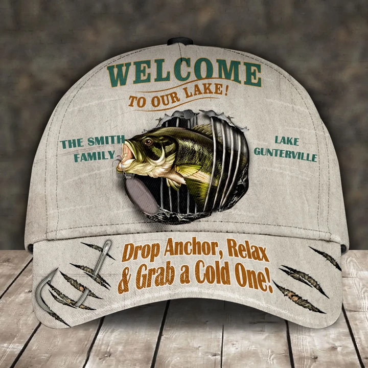 BASS FISHING DROP ANCHOR, RELAX & GRAB A COLD ONE PERSONALIZED CAP