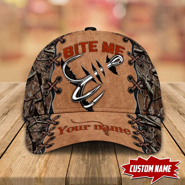 BITE ME FISHING HOOK CAMO LEATHER PERSONALIZED CAP