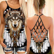 Wolf with dream catcher native american cross tank top