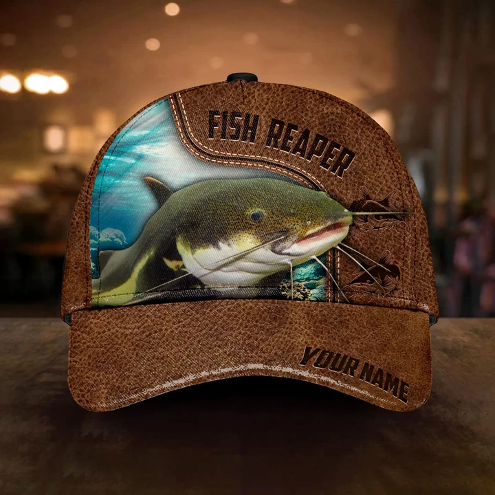 CATFISH FISH REAPER LEATHER PERSONALIZED CAP