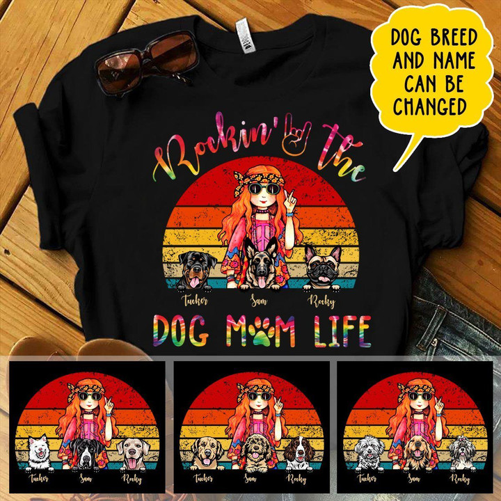 Personalized Rockin's The Dog Mom Life T-shirt Dreamship S Black