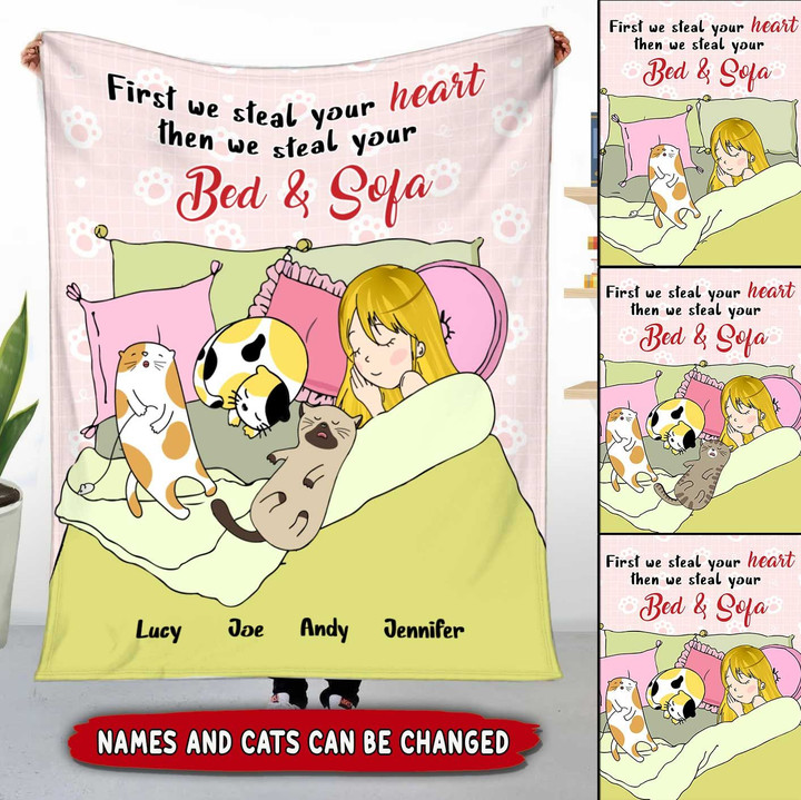 FIRST WE STEAL YOUR HEART Personalized Cats Fleece Blanket Dreamship