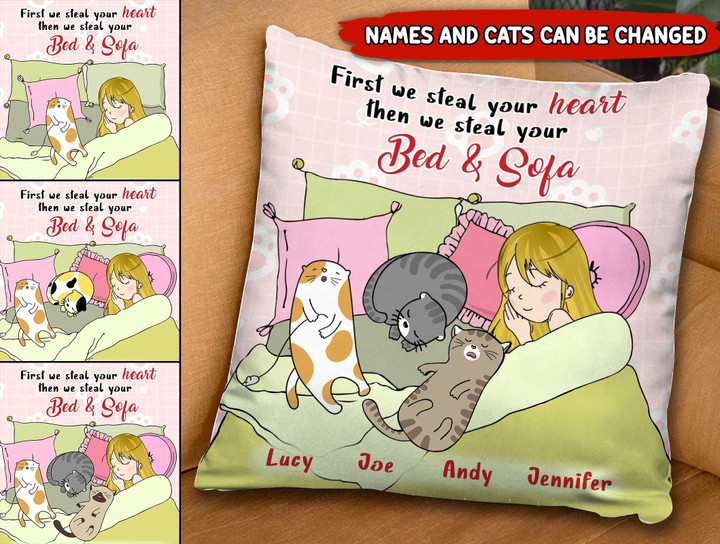 FIRST WE STEAL YOUR HEART Personalized Cats Canvas Pillow Dreamship
