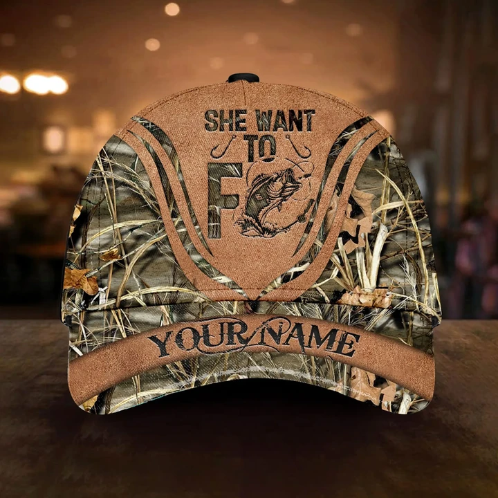 SHE WANT TO F BASS FISHING CAMO LEATHER PERSONALIZED CAP