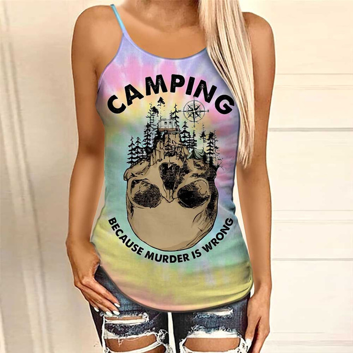 CAMPING BECAUSE MURDER IS WRONG Woman Cross Tank Top