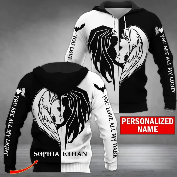 You see all my light and You love all my dark Personalized Couple Hoodie Hoodie 3D 3D Tee Art