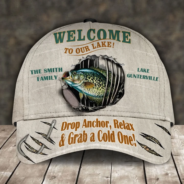CRAPPIE FISHING DROP ANCHOR, RELAX & GRAB A COLD ONE PERSONALIZED CAP