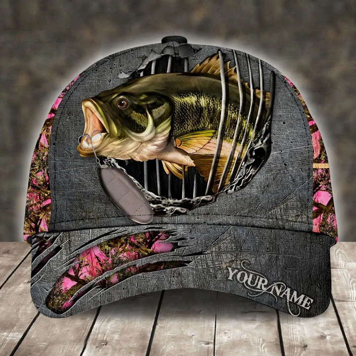 BASS FISHING PINK CAMO PERSONALIZED CAP