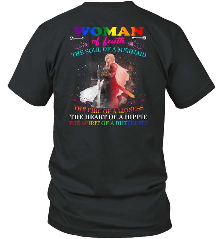 Woman Of Faith The Soul Of A Mermaid The Fire Of A Lioness Galaxy Warrior Woman T-Shirt