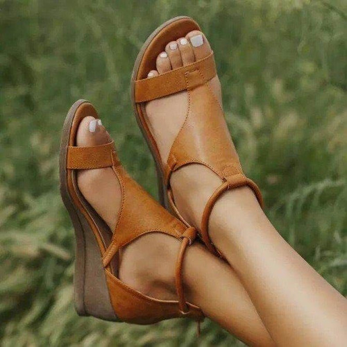 Summer 2021 Ladies Mid Heels Wedges Leather Vintage Sandals