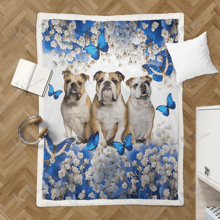 BULLDOG Blanket Blue Butterfly | | Gifts Dog Cat Lovers, Sherpa Fleece Blanket Throw, Home & Living