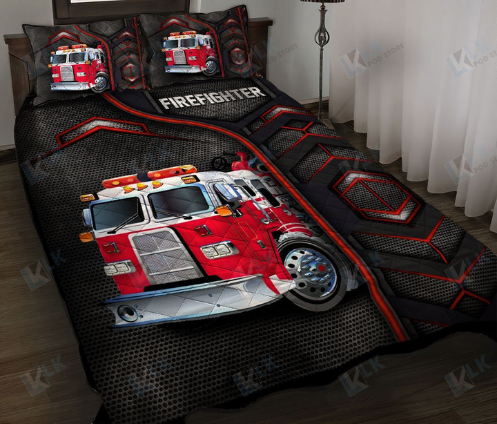 Firefighter Quilt Bedding Set Fire Truck Love [ID3-D] | Quilt, 2 Pillow covers, Comforter, Bed Sheet Set, Gifts For Firefighter